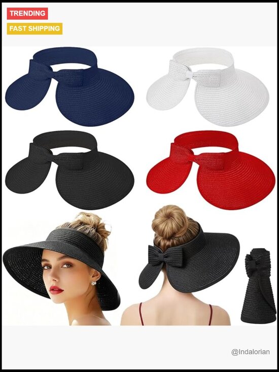 Straw Sun Visor Hat Packable Ponytail Wide Brim Beach Hat Adjustable UV main image 6